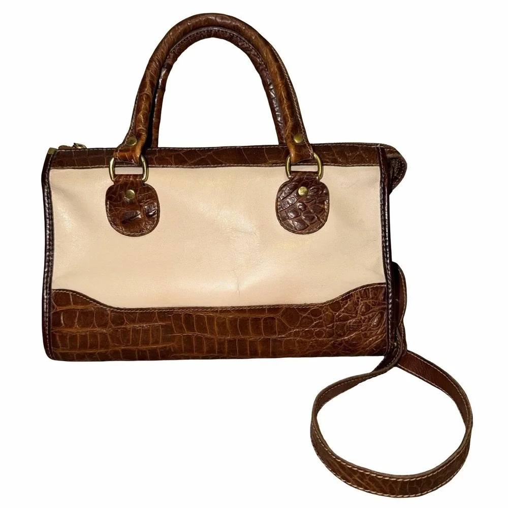 vintage‎ Brahmin Ivory satchel  With brown crocodile-embossed leather trim.